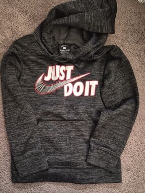 Nike Kids Dark Gray Heather Hoodie with Pink-Outlined 'Just Do It' Logo